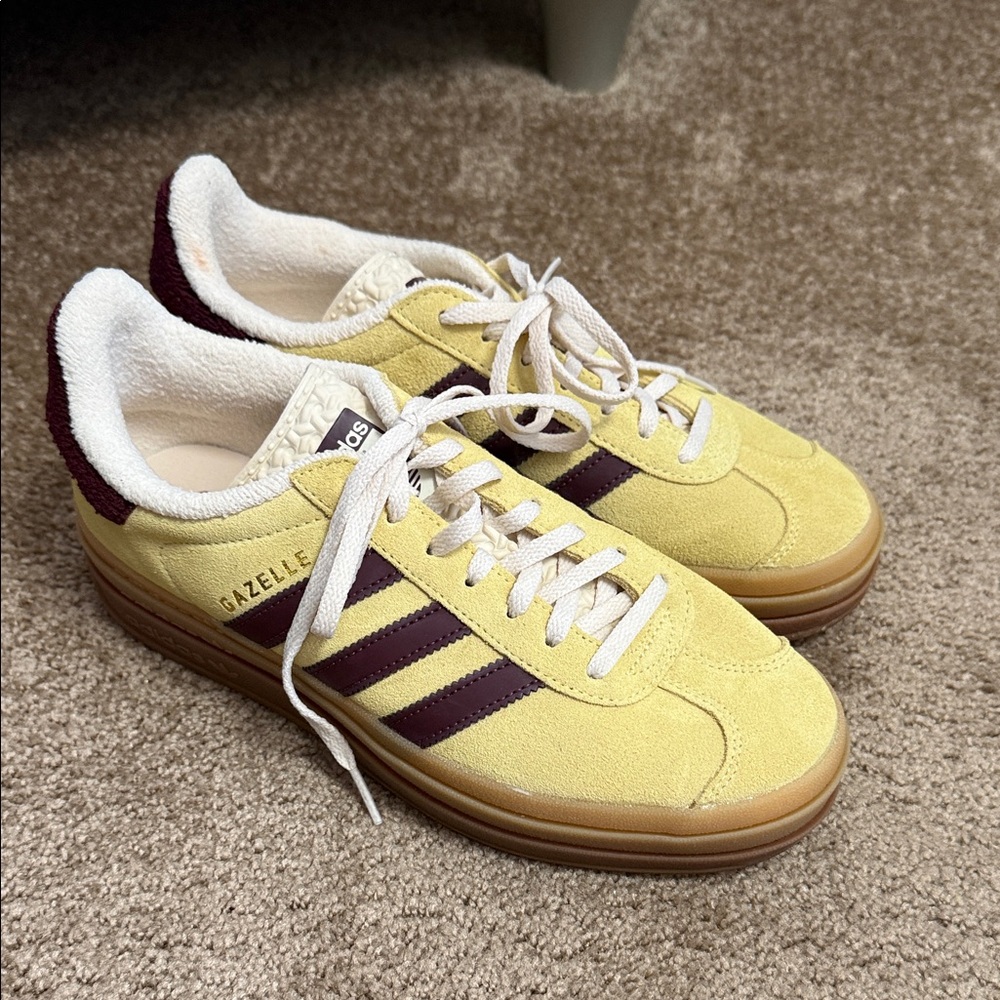 Adidas Gazelle Yellow with Burgundy Stripes